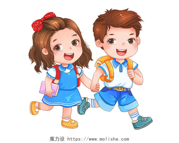 卡通男孩女孩开学穿校服的学生手牵手开心去上学开学季插画